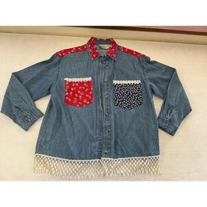 Cactus Flower Denim Floral Patchwork Lace Trim Button Down Shirt Womens Medium